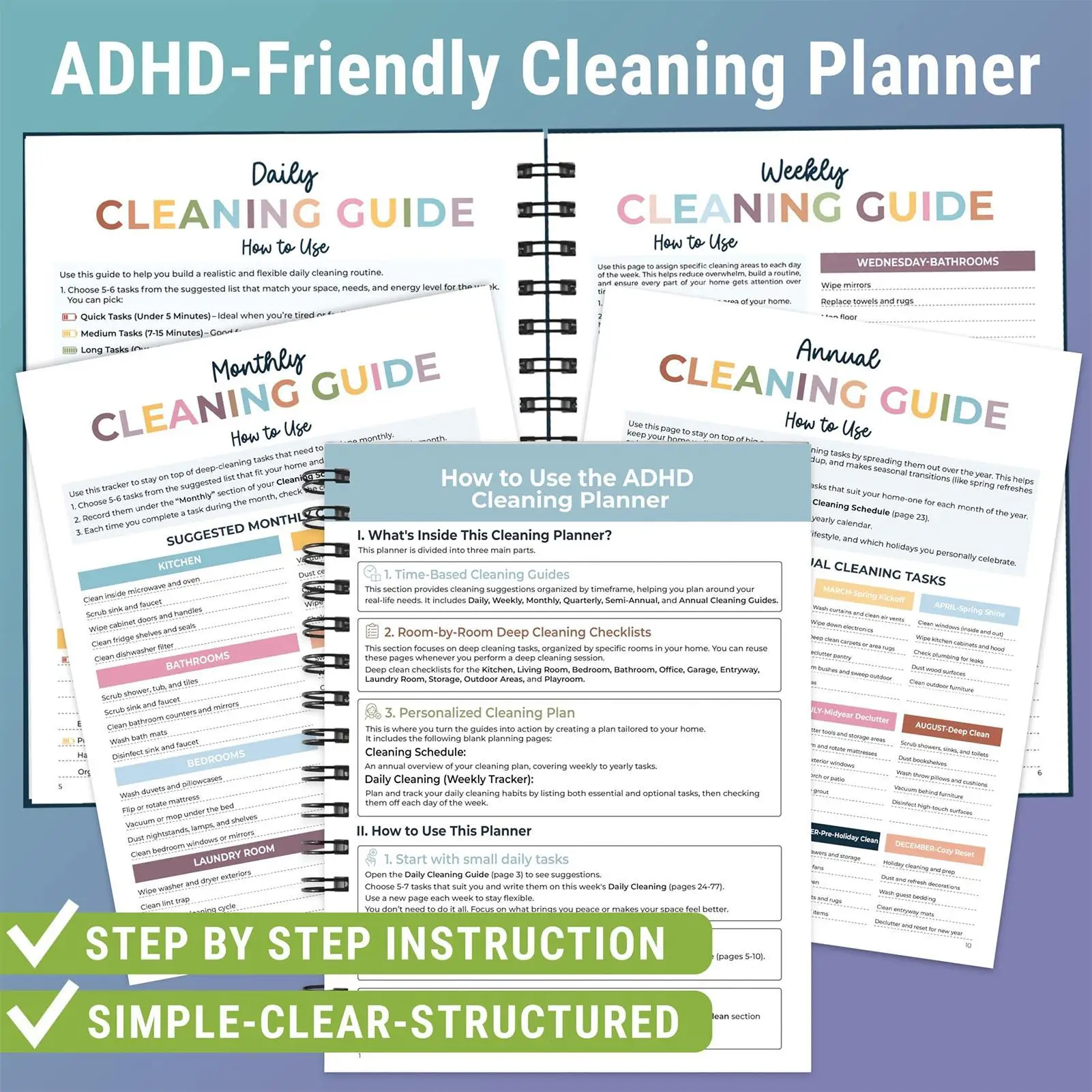 ADHD 청소 계획 세트에는 가정 청소 일정, 주간, 월간, 연중 청소 팁, 가족 집안일 차트가 포함되어 있습니다.