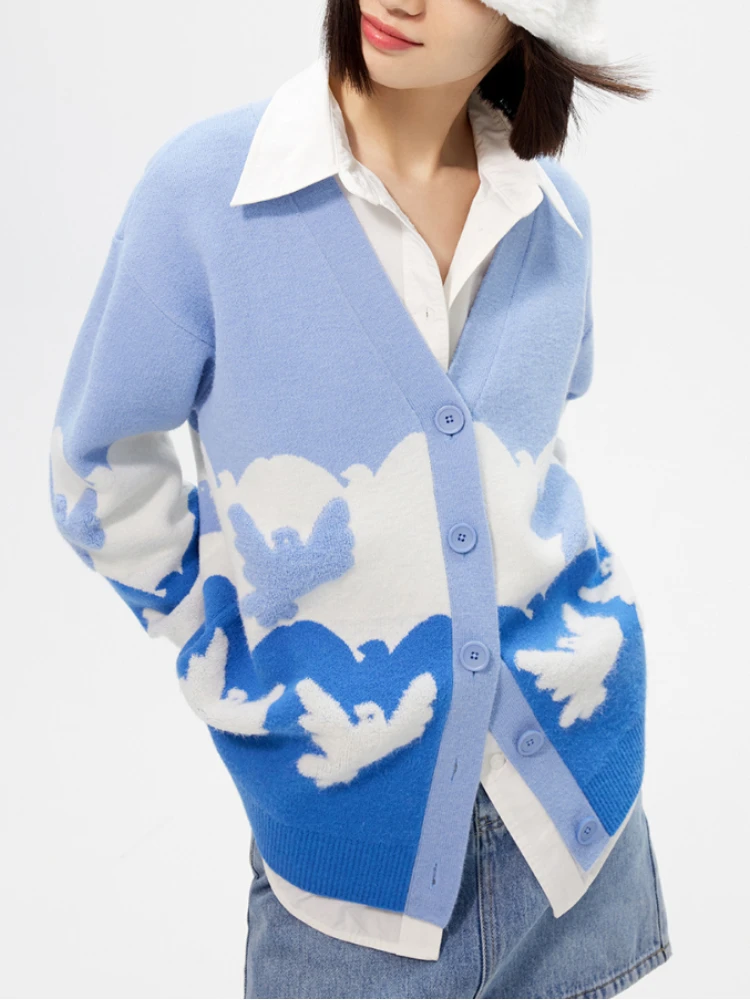 

Long Sleeved Cardigans Loose Fashion Pigeon Print Design Winter Sweater Woman Knit Warm Two Piece Set Women's Sweater Cardigan