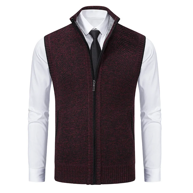#4869 Autumn Winter Knitwear Sweater Vest Men Zipper Stand Collar Solid Color Outerwear Knitted Vest Man Cardigan Waistcoat Warm 4