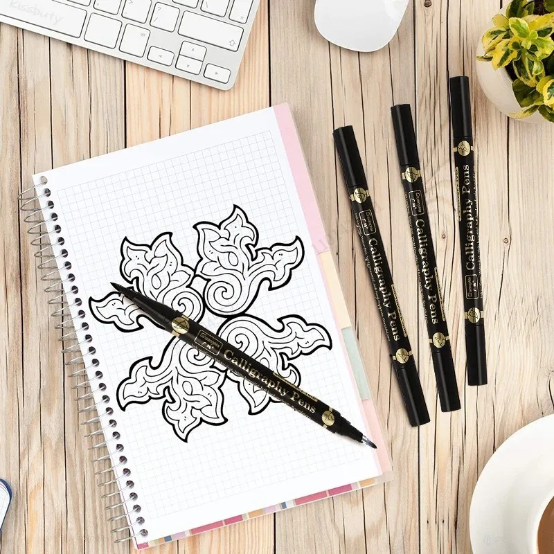 3/6PCS 듀얼 팁 펜 검은 서예 브러시 펜 레터링 펜 아트 마커 초보자를위한 흰색 펜 스케치 쓰기 아트 드로잉