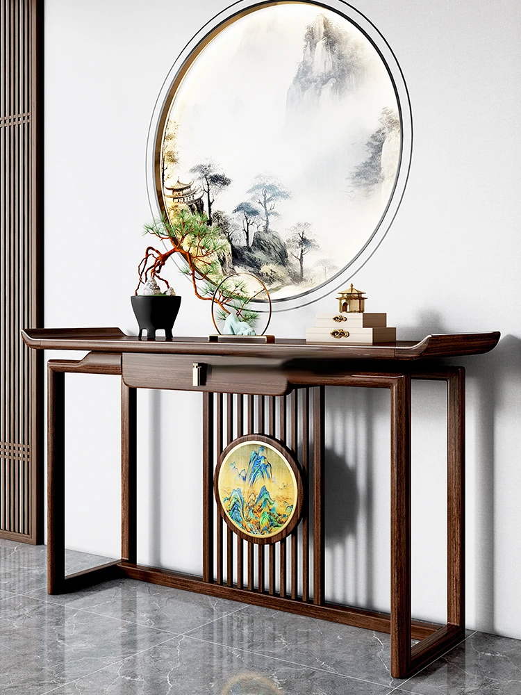 

Новый входной стол в китайском стиле изготовлен из черного золота на стене