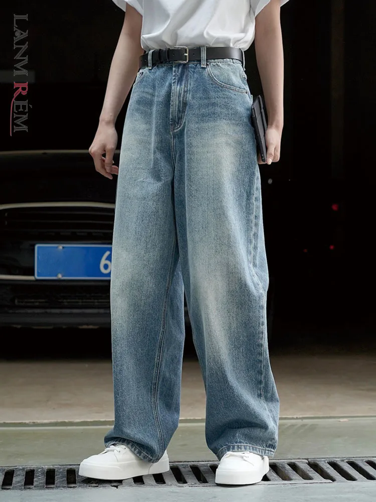 

[LANMREM] Fashion Washed Streetwear Jeans For Women High Waist Straight Wide Leg Pants Korean Style Clothes 2024 Spring New