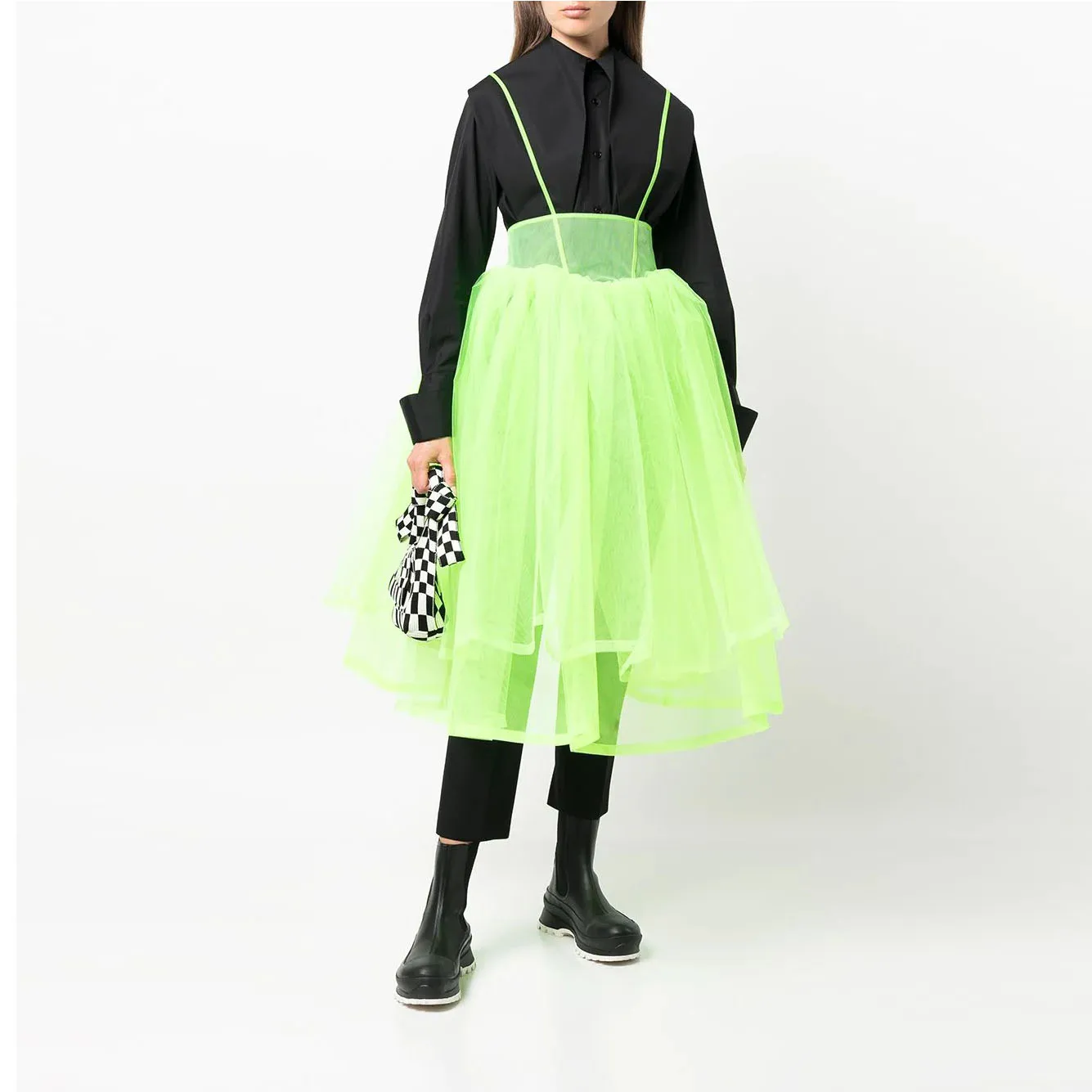 

High Street Neon Green Puffy Organza Women Dresses See Thru Female Maxi Dress Fashion Outfit Mid Calf Dress