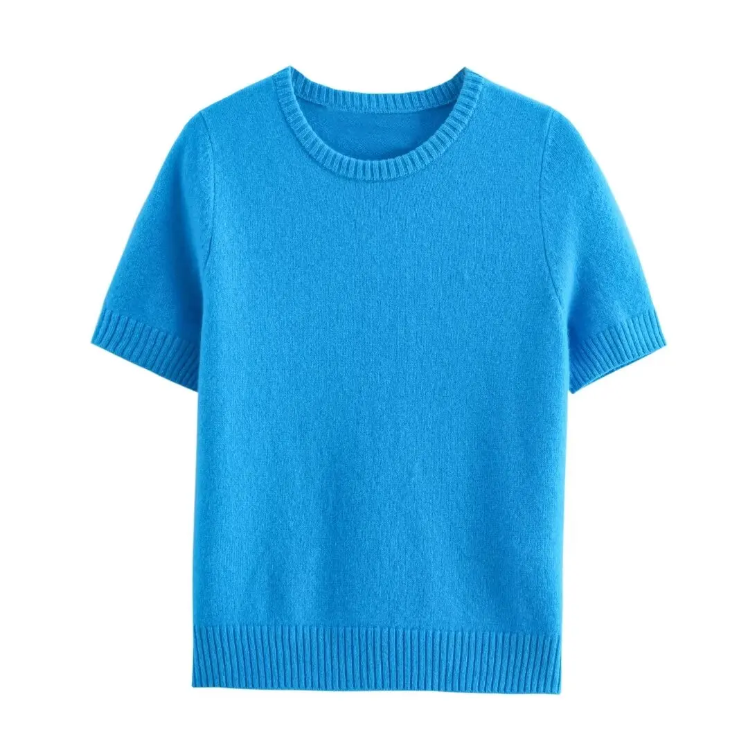 thumbnail image 1 of HH TRAF Suéter de moda de verano para mujer, jersey liso de 3 colores, top elegante para mujer, cuello redondo, manga corta, ropa de calle, top de punto para mujer, 1 of 4