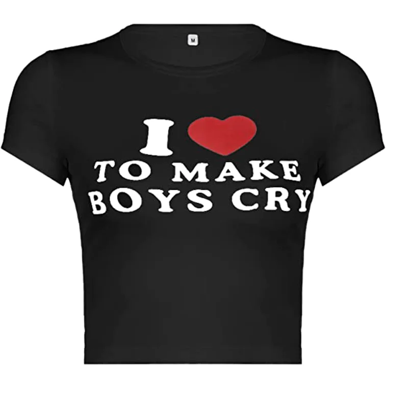 Letnia damska Y2K seksowna dopasowana koszulka z krótkim rękawem i okrągłym dekoltem krótki top estetyczny list krótki T-Shirt z nadrukiem fajna Street841_voghion.com