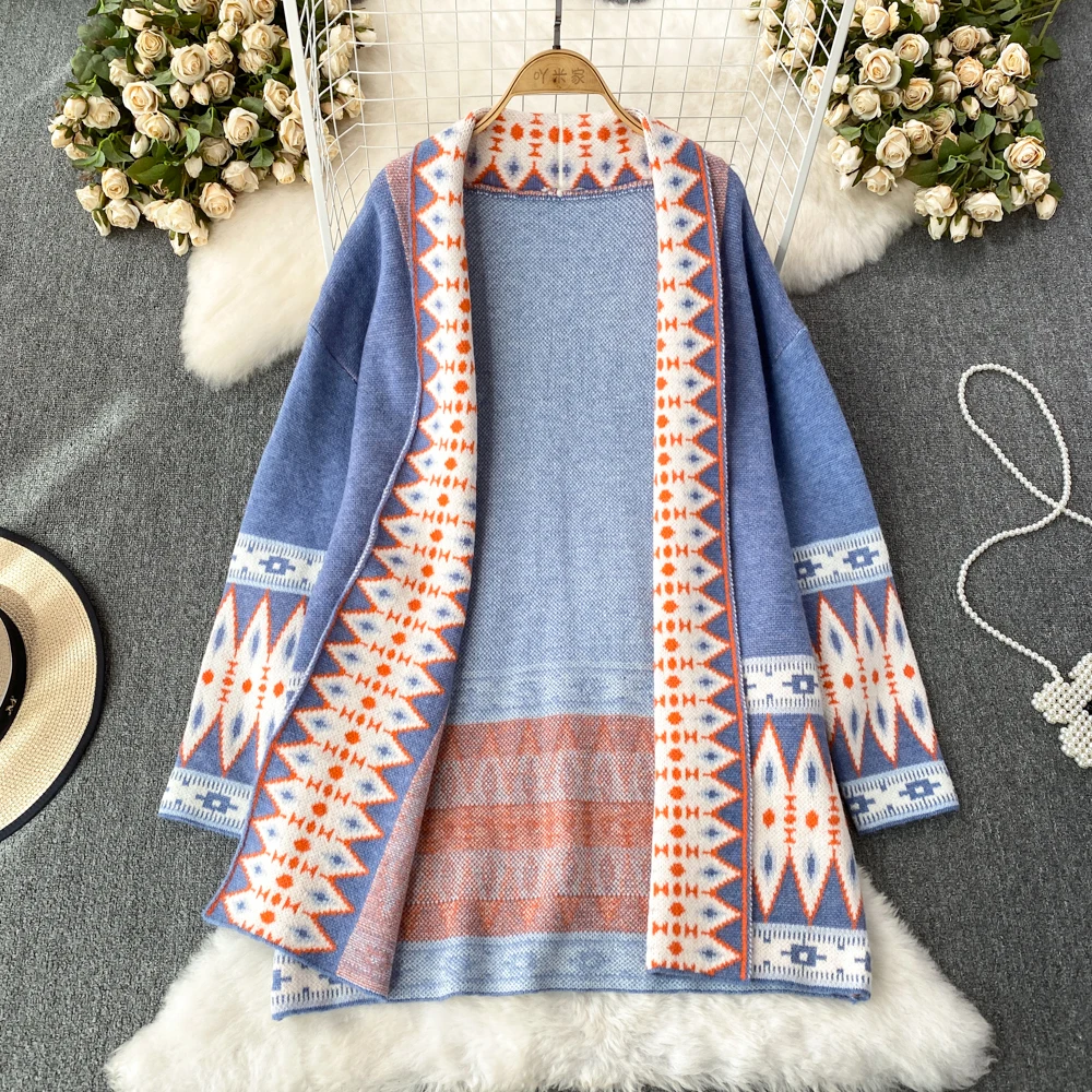 

VANOVICH Fashion Loose Mid-length Knitted Cardigan Autumn and Winter New Korean Style Temperament Elegant Turn-down Collar Coat