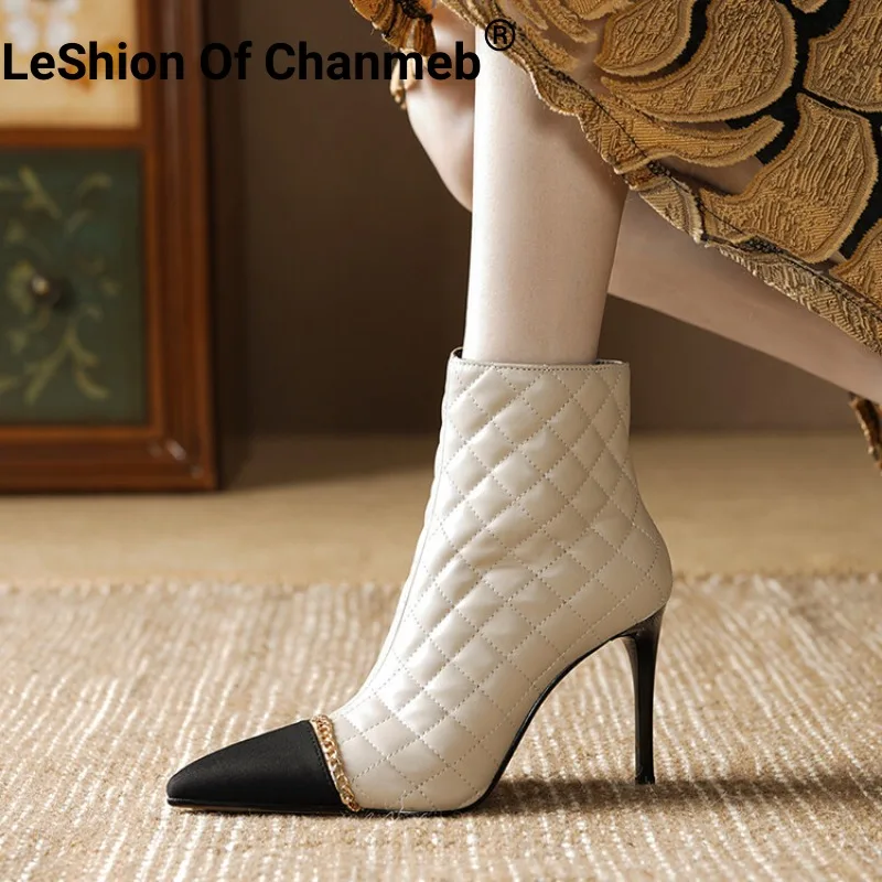

LeShion Of Chanmeb Women Natural Leather Boots Designer Metal Chain Mix-Color Quilted Boots Woman Thin High Heel Zipper Shoes 41