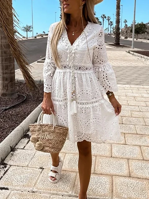 Women Summer Hollow Out Solid Mini Dress Casual Loose Flare Sleeve Elegant White  Dress Holiday Female V Neck Patchwork Dresses - Dresses - AliExpress