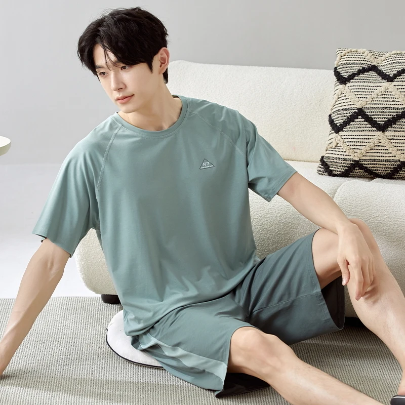 

Two Pieces Set Cotton Homewear for Men Korean Fashion Solid Nightwear Short Sleeves Sleeping Top Shorts Pajamas Young Boy Pjs
