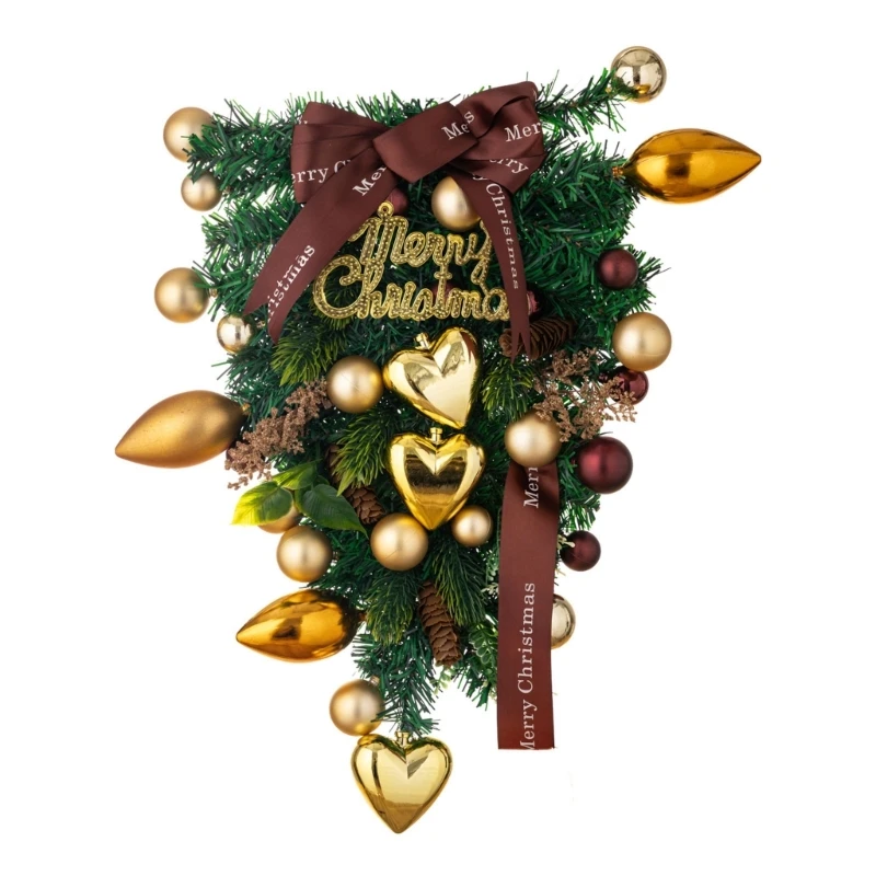 

Christmas Wreath Inverted Tree Pendant Hanging for Wall Door Window Decoration Golden Round Heart Ball Ornaments Decor