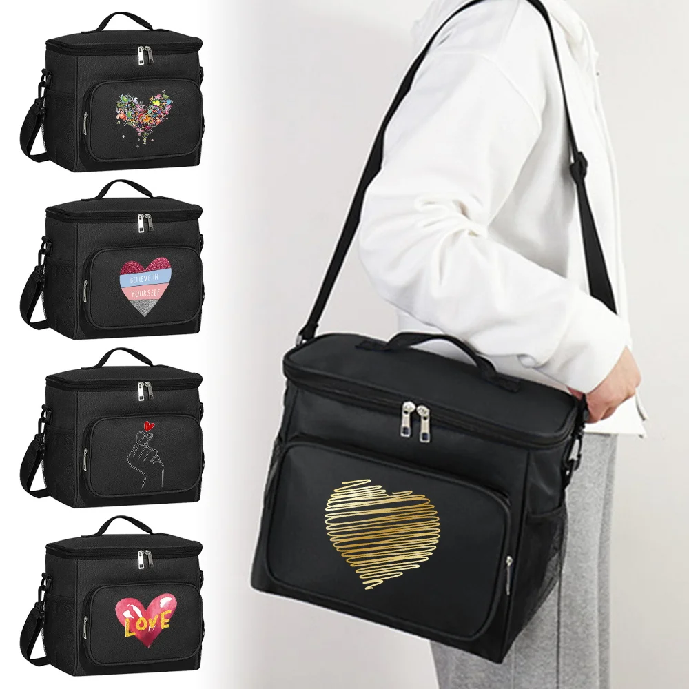 Lunch Bag for Kids Insulated and Waterproof - Unisex Food Storage Dinner Box Black Color Bento Bag Love Series Printing