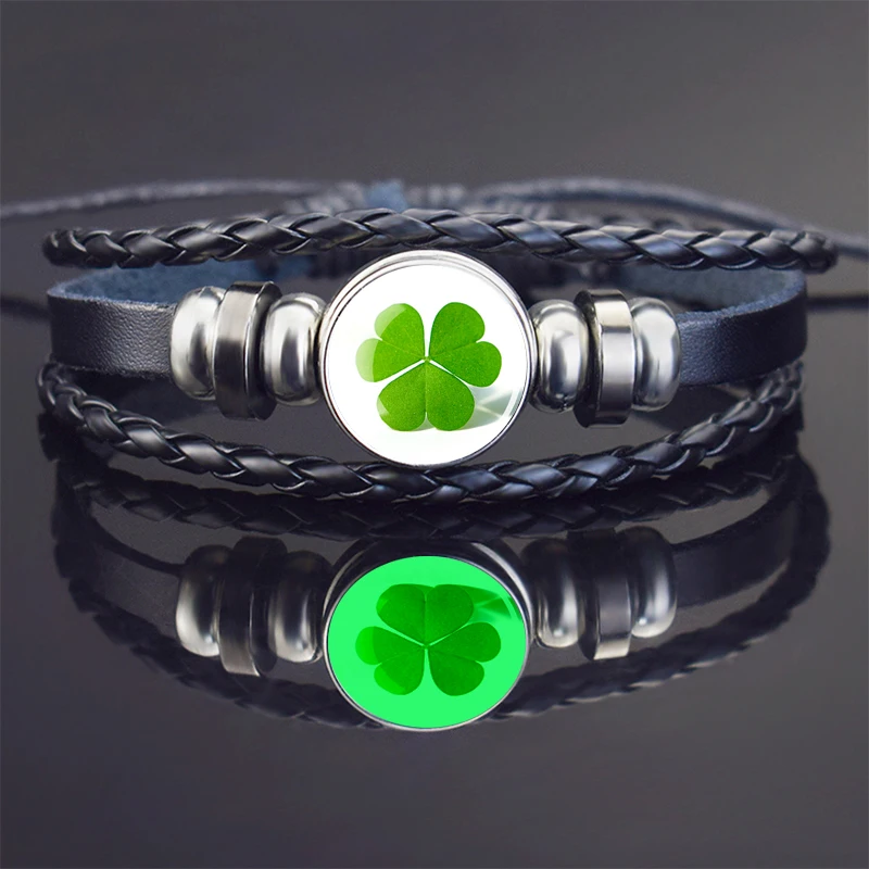 Clover Four Leaf Clover Bracelets Shamrock Leather Weave