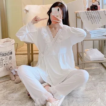 Modal Maternity Nursing Pajamas Set For Pregnant Women Postpartum Spring Autumn Long-Sleeved Lace Home Suits