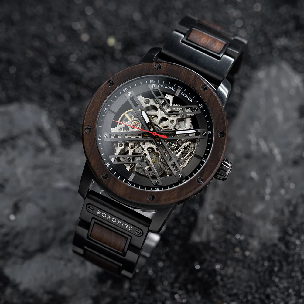 Automatic Mechanical Watch BOBO BIRD New Top Business Men Wooden Wristwatch Unique Engraved Watches Christmas Gift Box
