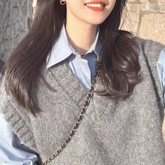 رمادي سترة دون أكمام محبوك سترة المرأة الخريف والشتاء الكورية الحلو نمط ملابس خارجية سترة الخامس الرقبة سترة محبوكة عادية