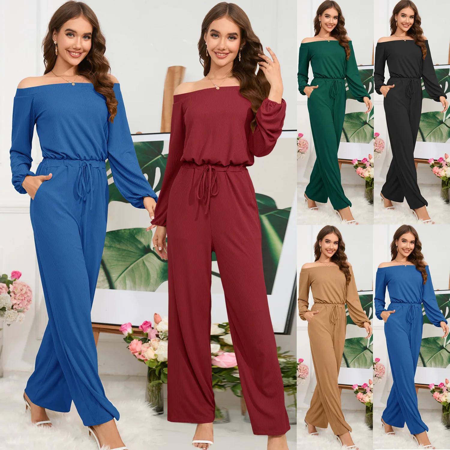 

Europe and America 2023 Autumn and Winter Jumpsuits for Women Overalls for Leisure One Shoulder Long Sleeves Slim Waist Lace Up