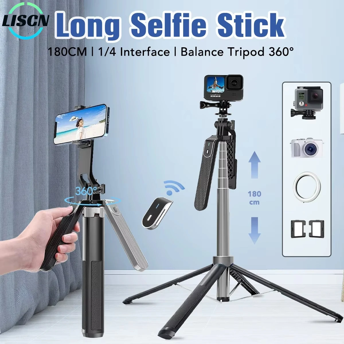 LISCN 180CM Selfie Stick Tripod 360 Rotation Portable Foldable