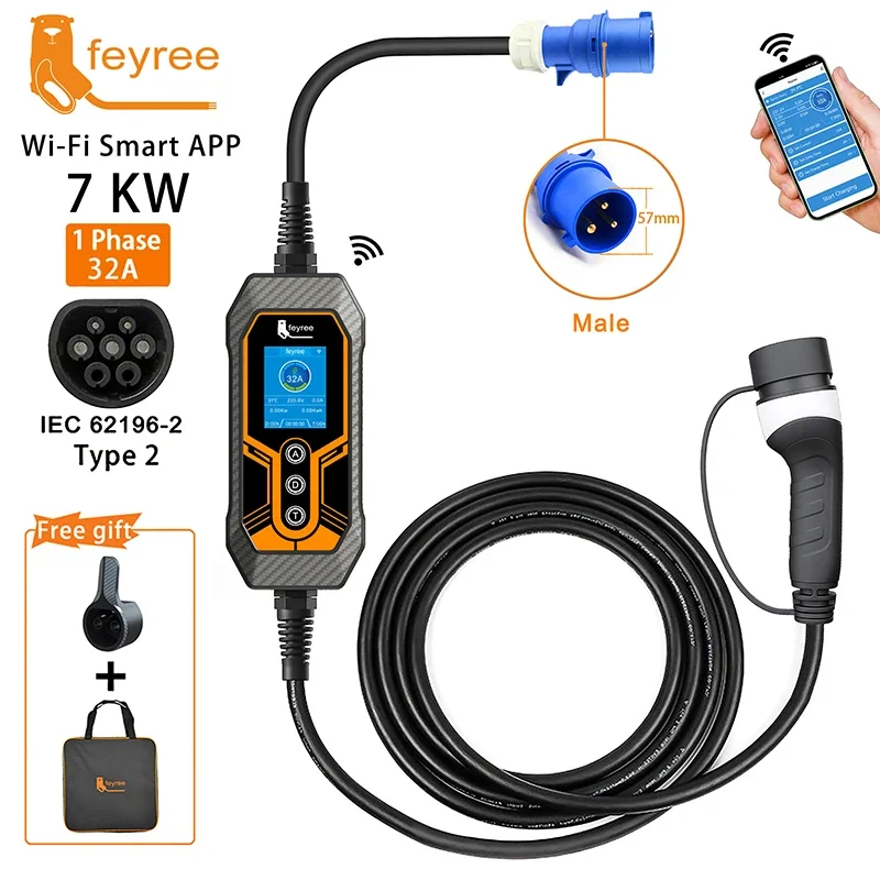 Ev charger Portable EV Charger Type2 32A 7KW Wi-Fi APP Control Current Adjustable Smart Timing Charging EVSE Wallbox Home&Outdoor