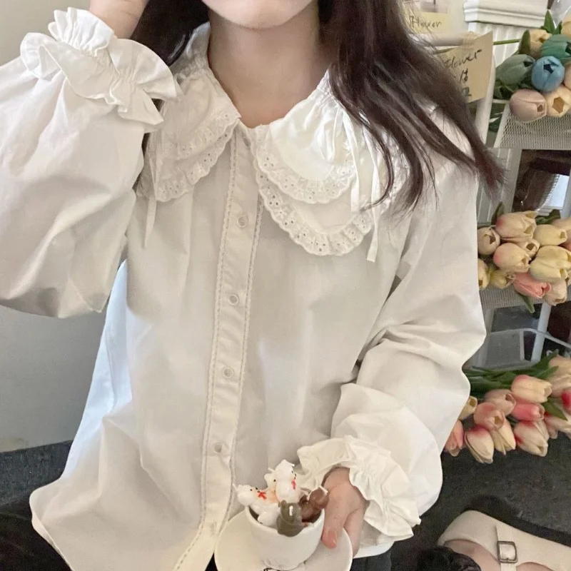 

2022 Kawaii Lace Shirt White Peter Pan Collar Blouses with Lush Sleeve Fall 2021 Korean Lolita Preppy Style Button Up Cute Tops