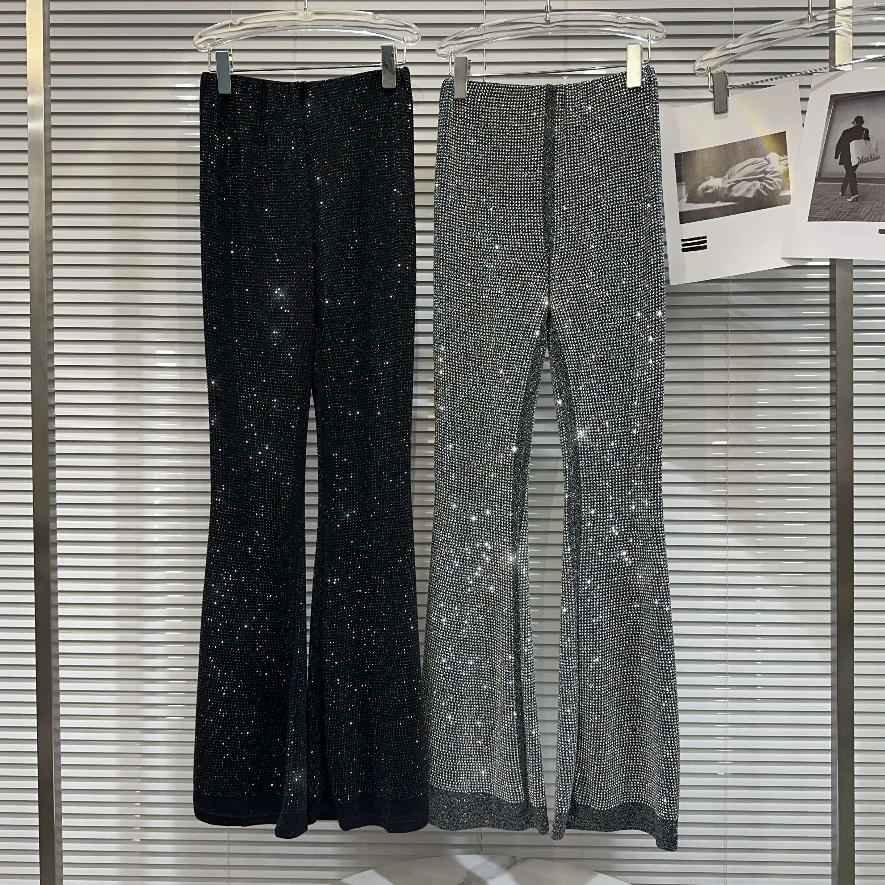 

Новинка 2023, блестящие женские штаны с бриллиантами, бриллианты, блестящие, серебристые, черные, в стиле ампир, шикарные, тонкие, легкие, расклешенные длинные капри, брюки