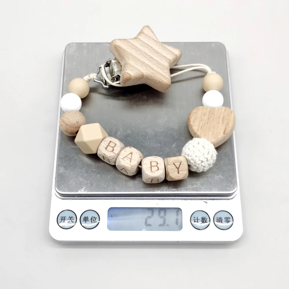 Star Customized Baby Pacifier Clip Chain Personalized Name Silicone & Wood Beads, Baby Anti-Lost Soother Holder