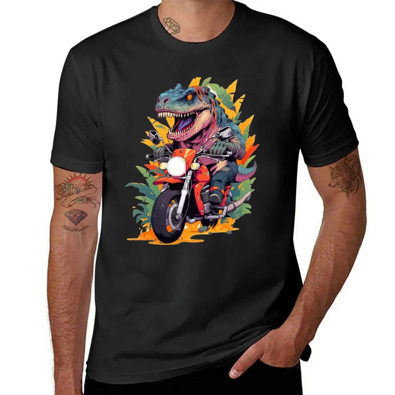 

Leafy Ride: Colorful Motorcycling T-Rex T-Shirt quick drying customs heavy weight t shirts for men