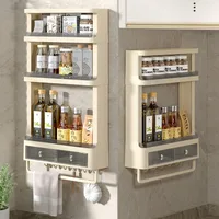 Wall Mounted Kitchen Organizer Shelf Spice Jars Seasoning Bottle Storage Rack With Tower Bar Hooks 1