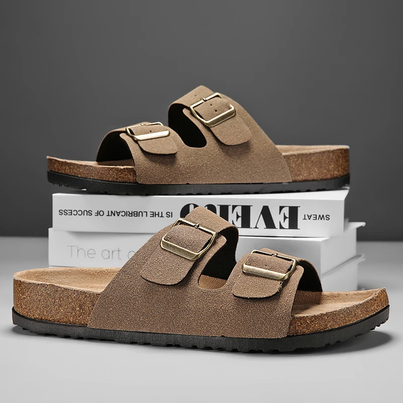 Mens Slippers Arch Support Slip-on Suede Shoe Crestar Cork Footbed Arizona Sandals for Women Solid Color Double Button Slippers