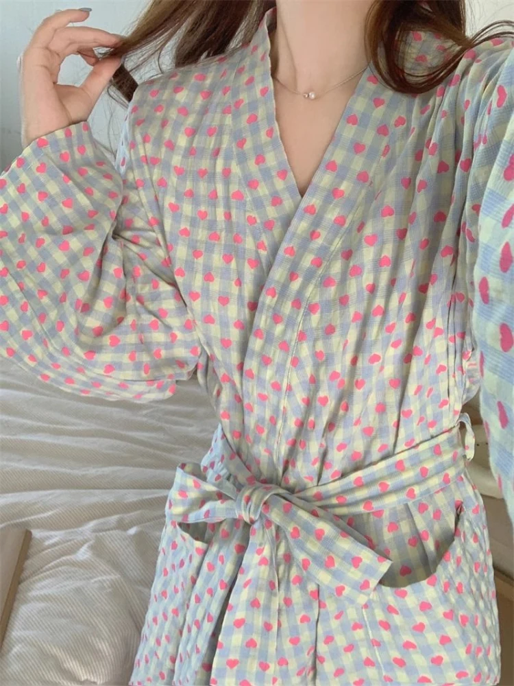 Sweet Heart Plaid Robes Women Autumn Long Bathrobes Japanese Sleepwear Belt Comfortable Loose Chic Female Simple Loungewear