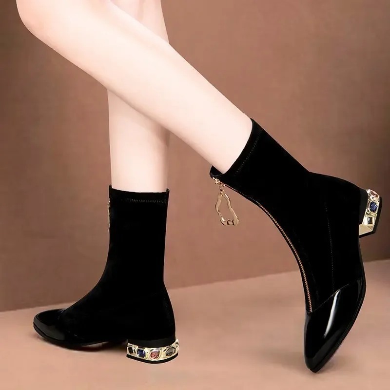 Suede Rhinestone Booties Low Heel Women Shiny Sequin Ankle