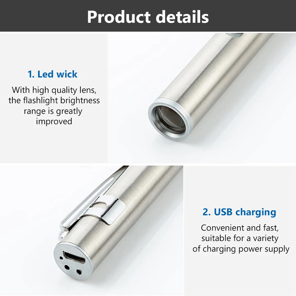 Portable USB Rechargeable Mini Nursing Flashlight Stainless Steel Pen Light Medical Pen Light Torch Lamp With Clip For Doctors led flashlight,mini flashlight,led flashlights,mini led flashlight,led torch light,medical light