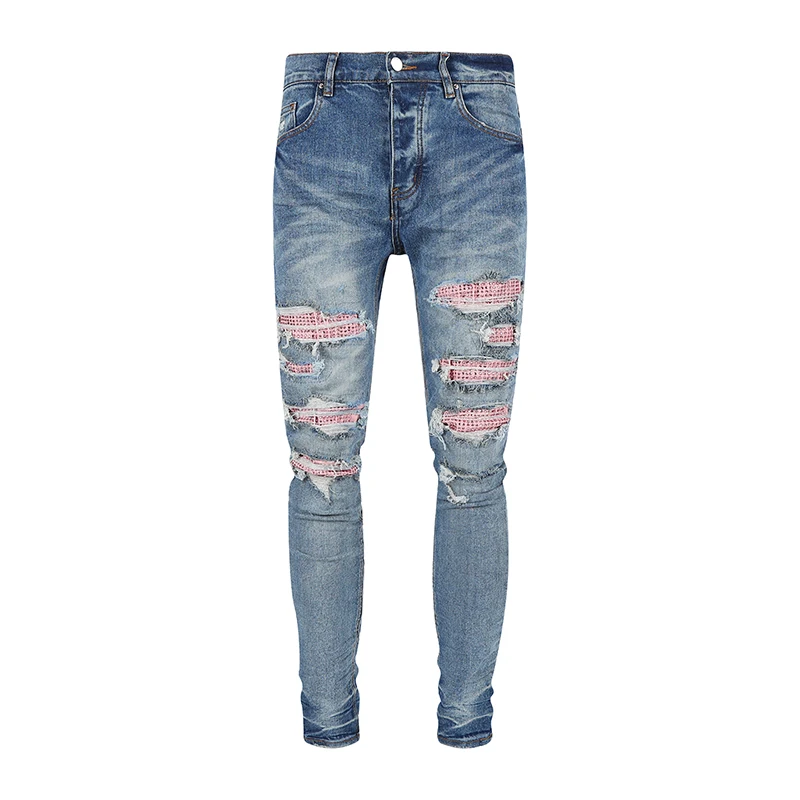 

2023 New Arrivals Fashion Men's Rripped Jeans Distressed Crystals Stones Patchwork Pink Patches Blue Slim Stretch Denim Pants