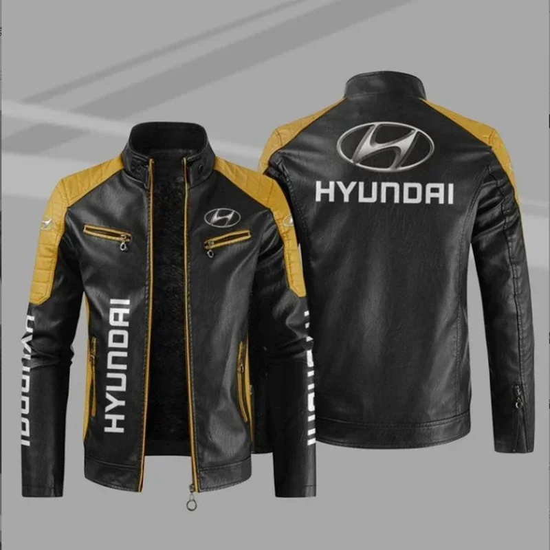 HYUNDAI Logo  Fleece Fur Leather Jacket Men Winter Fashion Zipper Straight Hem Formal Casual Coats Bomber Leather Jacket 5