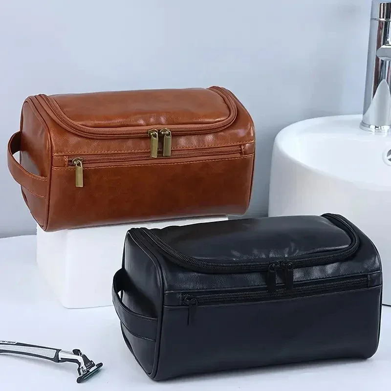 Leather Travel Hanging Toiletry Bag - Unisex Large Capacity Cosmetic Organizer