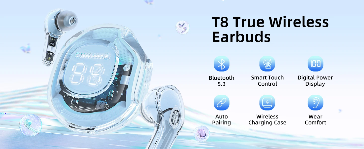 Description Picture 3 of itemWireless Bluetooth Headphones T8 With ENC Noise Canceling Earphones HiFi Stereo Mic Mini in-Ear Earbuds LED Digital Display