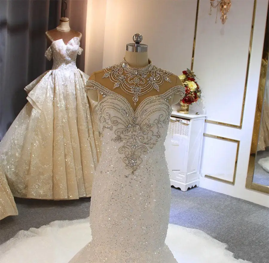 

Luxury Crystal Beaded High Neck African Mermaid Wedding Dresses Sweep Lace Appliqued Plus Size Vestidos Noivas Bridal Gowns
