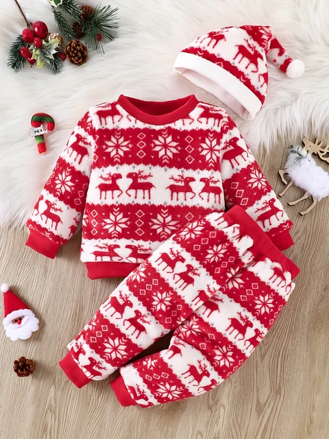 Lindo conjunto de franela para bebé recién nacido de invierno, conjunto de 3 piezas de Navidad para niña, otoño e invierno, cómodo y cálido