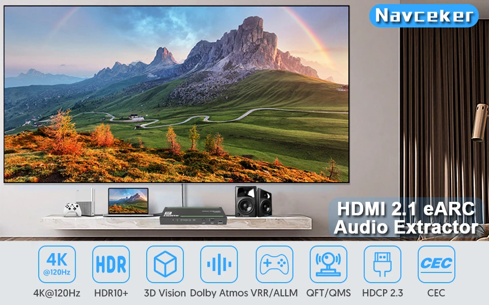 Navceke 4K 120Hz HDMI 2.1 eARC Audio Extractor 48 Gbps HDMI eARC Splitter 8K 60H