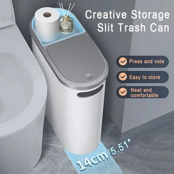 Slim Plastic Trash Bin with Press-Top Lid – Space-Saving Wastebasket for Bathroom, Kitchen & Living Room 1