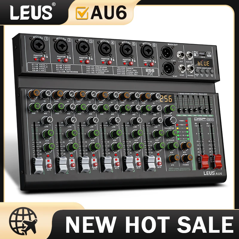 Audio Mixer LEUS AU6 Channel 256 DSP Effect Audio Mixer Record PC 48V Phantom Power USB Sound Mixers Bluetooth DJ Console Mixing for Karaok