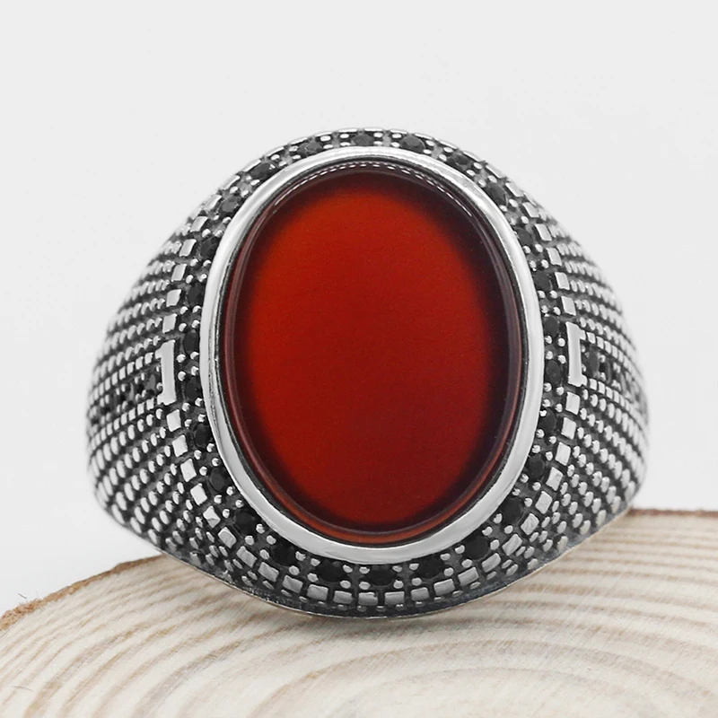 Bague ovale en Agate rouge pour hommes et femmes, argent Sterling