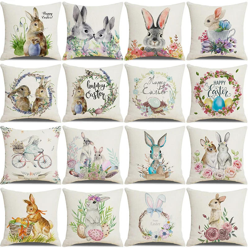 

Cartoon Easter Pillow Cover Linen Household Products Printed Pillow Cover Rabbit Series Cushion