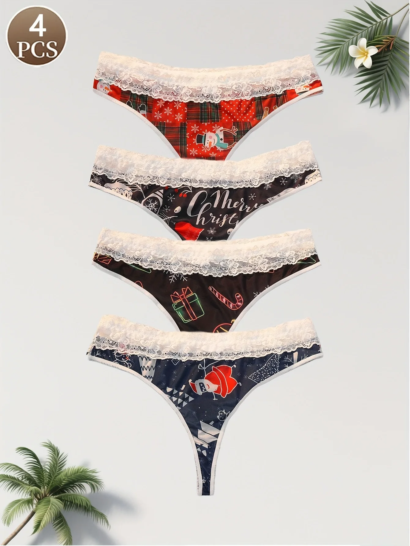 4PCS women's thongs with Christmas print lace women's casual sports underwear mid waist comfortable and soft women's thongs