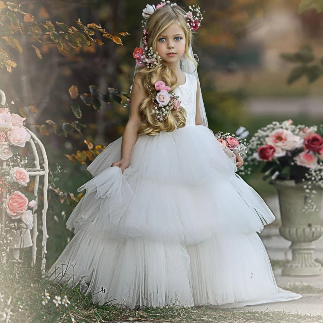 

Holy Princess Flower Girl Dresses Ball Gown Lace Sleeveless Tulle Long Pageant Wedding First Communion Dresses for Girls