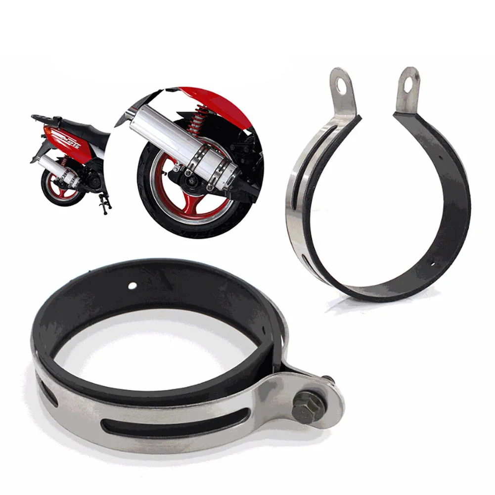 KIMISS Motorcycle Exhaust Clamp, Universal Stainless Steel, Black And Silver, Easy To Install, Semicircle, Hanger Mount Bracket & Belt, Rust-Resistant, Suitable For Most Motorcycles