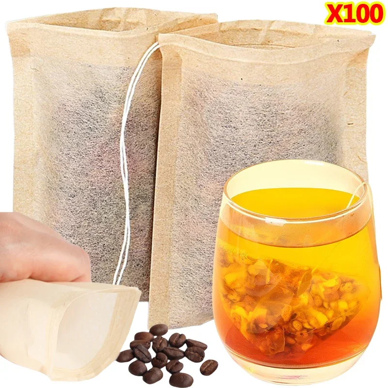 Disposable Tea Bags 100Pcs Drawstring Filter Empty Coffee Bean Leaf Tea Powder Herbal Medicine Biodegradable Paper Bag