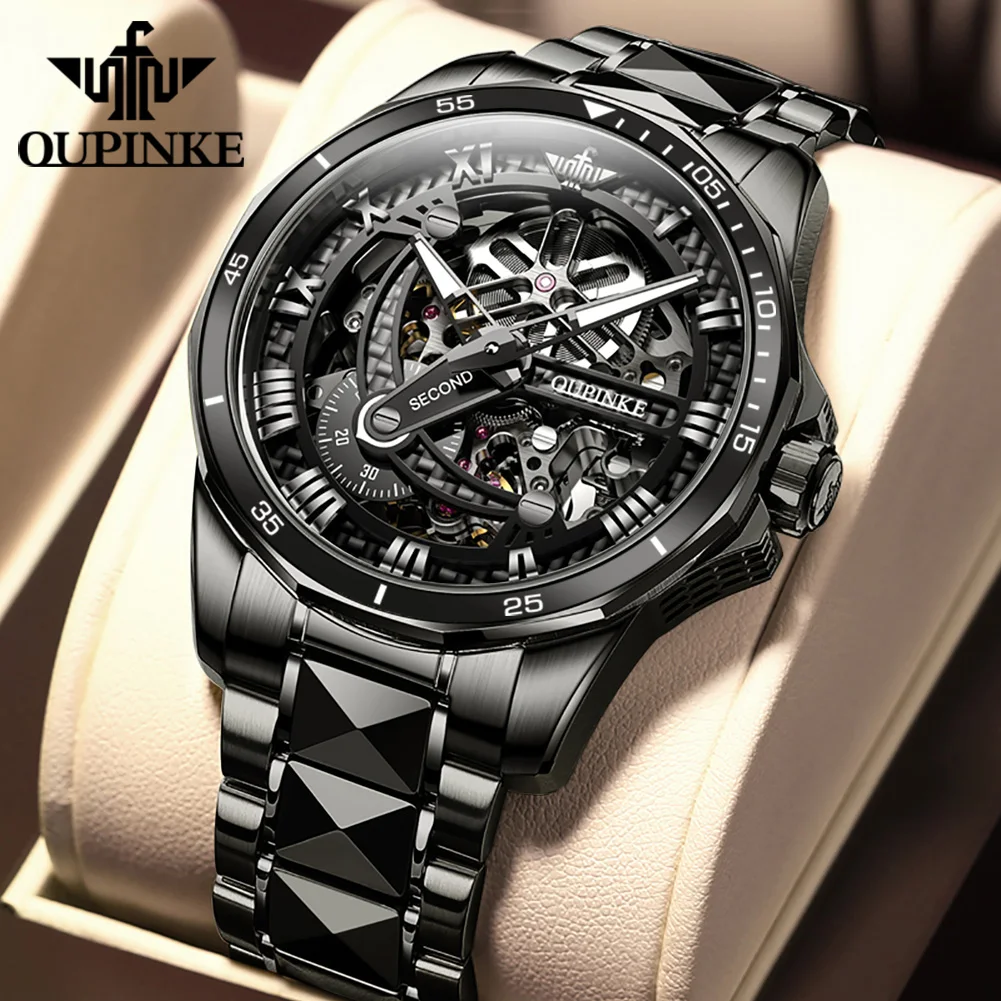 

Oupinke Luxury Top Brand New Man Automatic Mechanical Watches Tungsten Steel Waterproof Sapphire Fashion Skeleton Design Dial