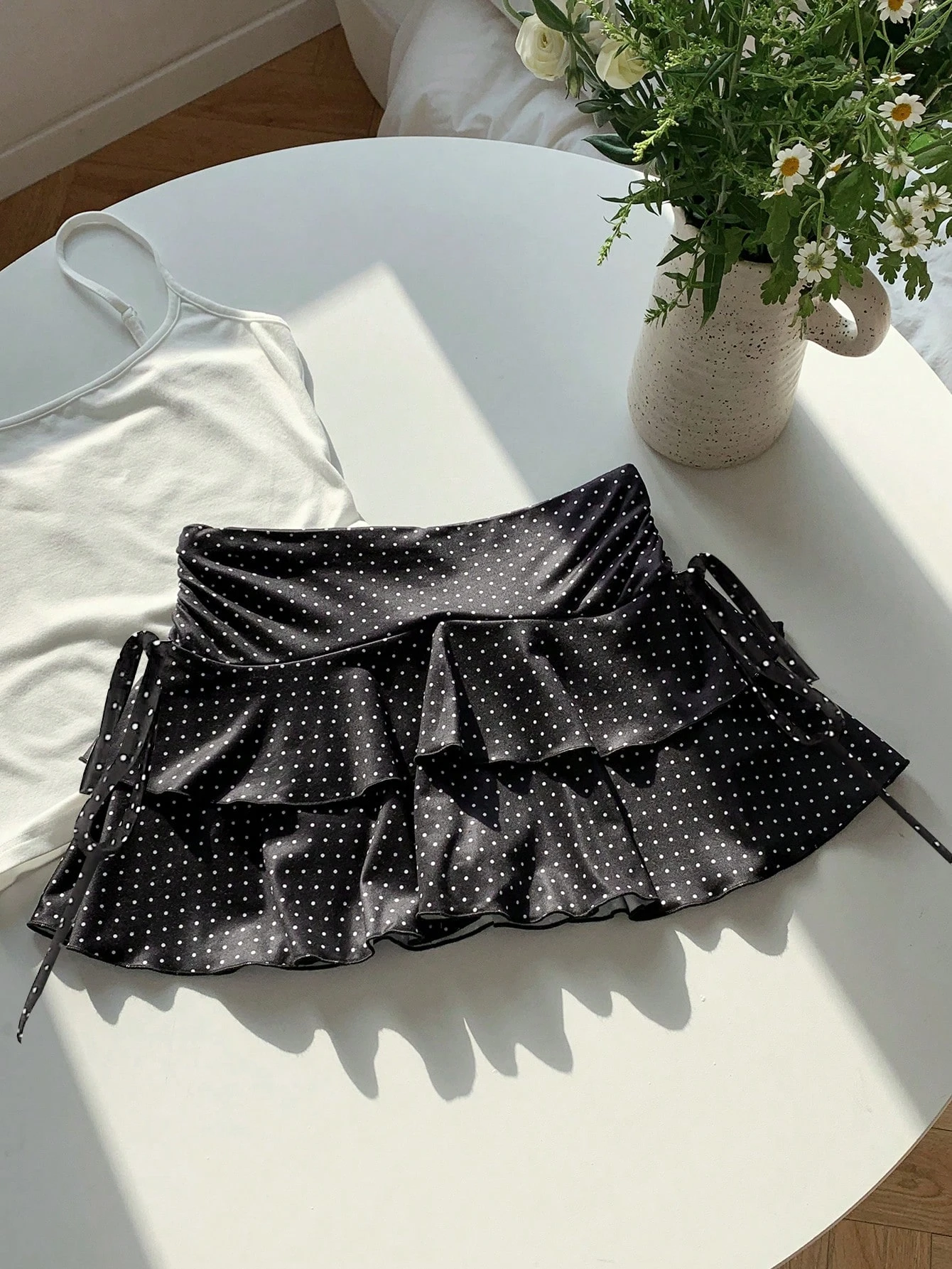 Women's Casual Vintage Skirt Black Embellished Polka Dot Print Tiered Ruffle Side Drawstring Ruched Low Rise Mini Skirt 2026 4