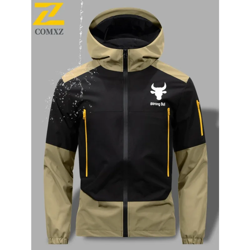 Men's Windproof Waterproof Hooded Jacket Big Pockets High Street Print Outdoor Windbreaker Coat for Hiking Trekking  Streetwear