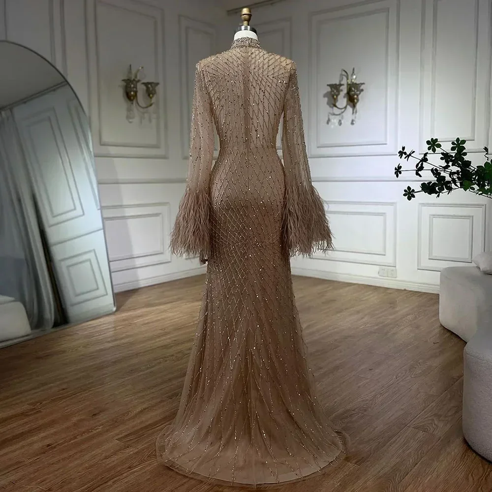 Customized Dubai Gowns Nude Beaded Feathers Mermaid Long Evening Dresses LA72394 women prom dresses